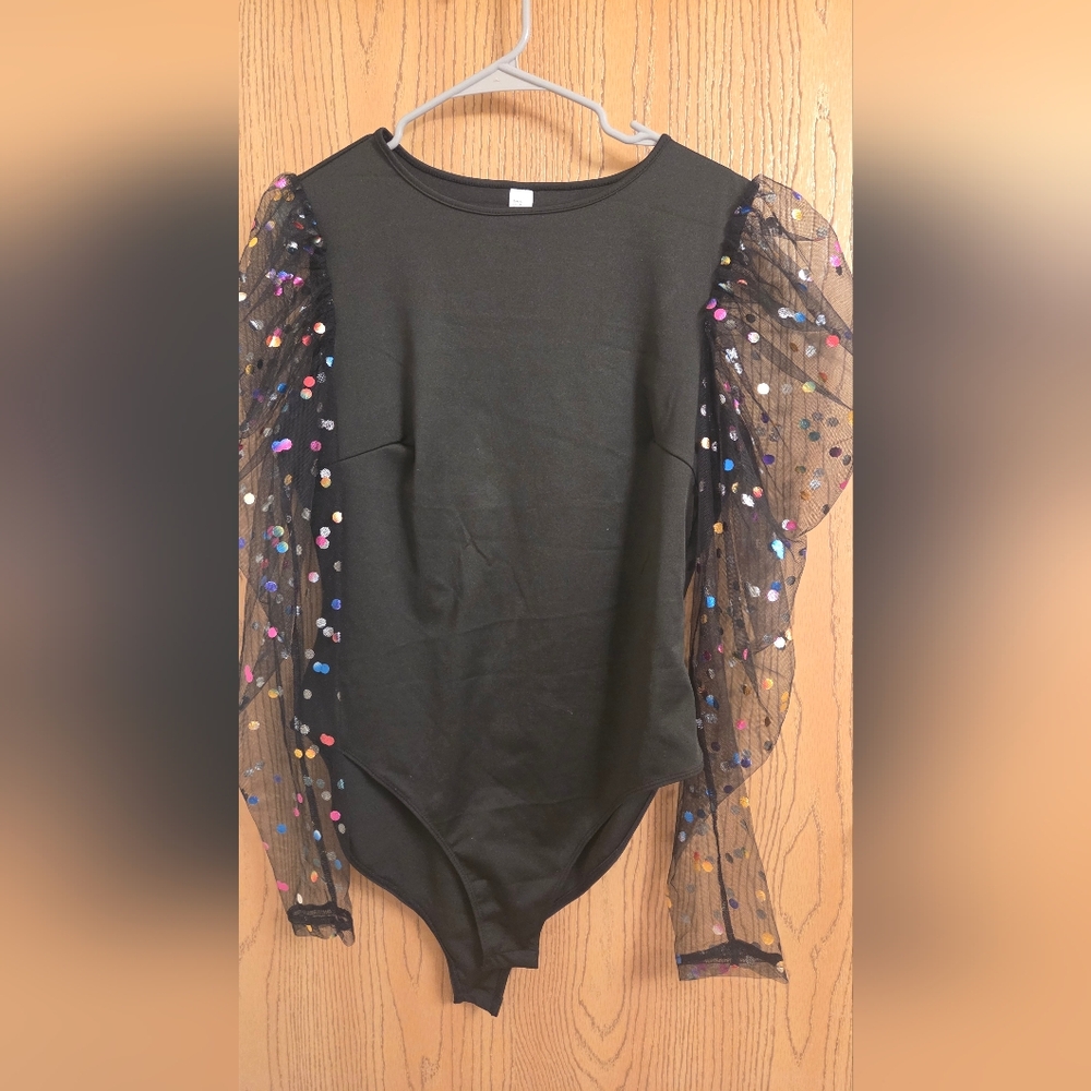 Amazon Black Bodysuit with Sheer Polka Dot Sleeves